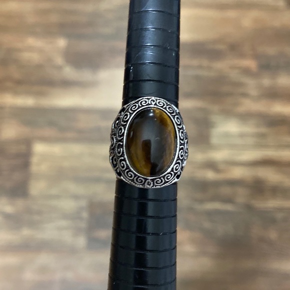 Tiger Eye Stone Vintage Now Ring Silvertone 7.5 - Picture 2 of 12